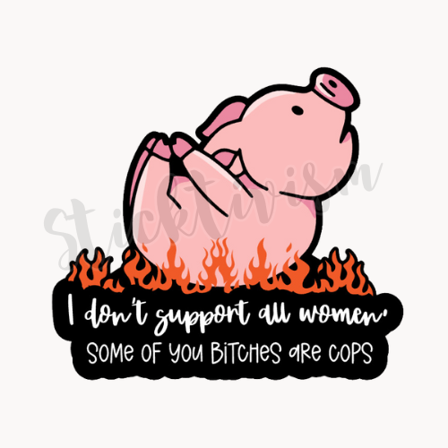 Image of a hog tied pig over orange flames with text below in white over a black background that reads "I don't support all women, some of you bitches are cops"