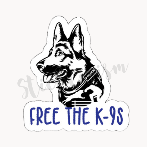 Image of a police dog with blue text underneath that reads "FREE THE K-9S"