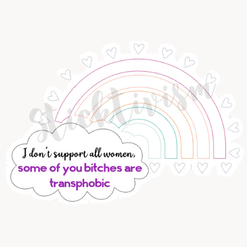 Image of a cloud and rainbow with hearts above it. Text in the cloud reads "I don't support all women, some of you bitches are transphobic"